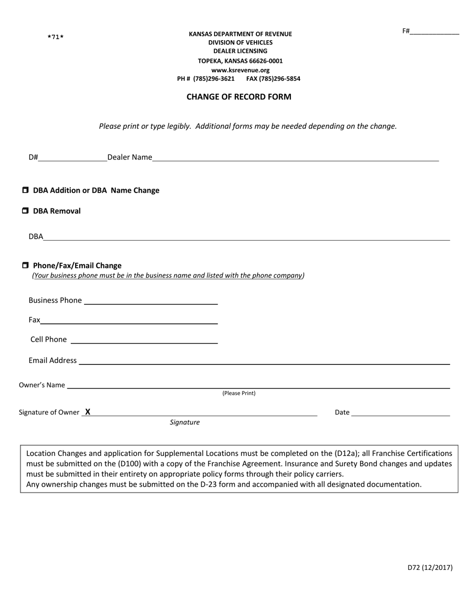Form D-72 Change of Record Form - Kansas, Page 1