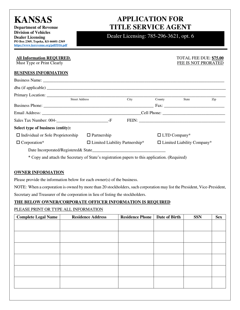 Form D-16 Application for Title Service Agent - Kansas, Page 1