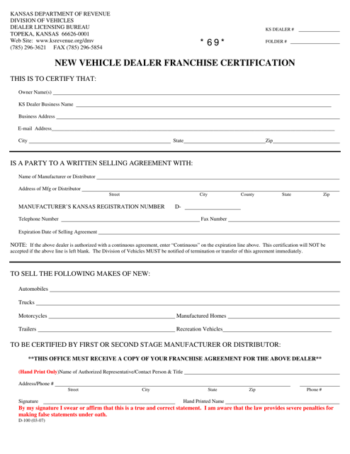 Form D-100 New Vehicle Dealer Franchise Certification - Kansas