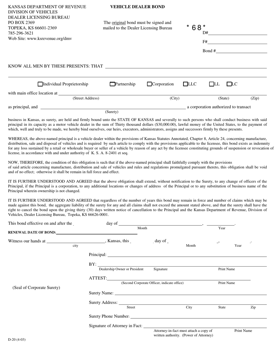 Form D-20 - Fill Out, Sign Online And Download Fillable Pdf, Kansas 