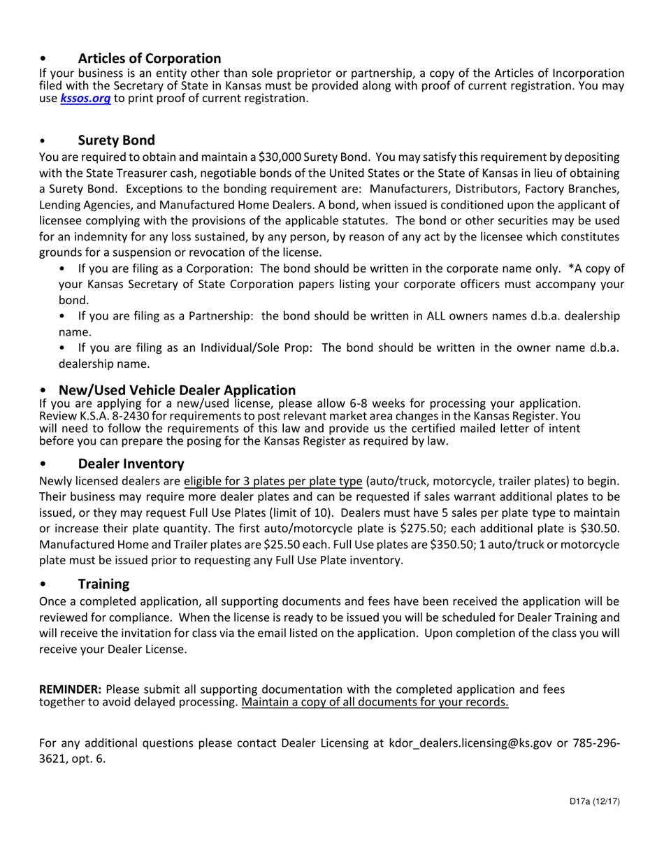 Form D-17A Application for Vehicle Dealer License - Kansas, Page 2