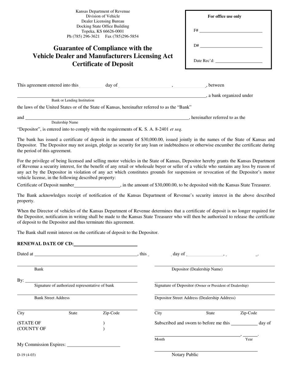 Form D-19 Guarantee of Compliance With the Vehicle Dealer and Manufacturers Licensing Act Certificate of Deposit - Kansas, Page 1