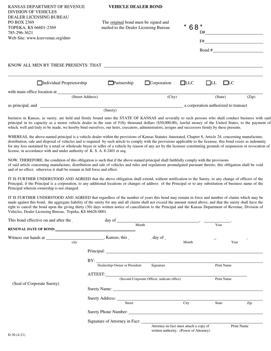 Form D-30 Vehicle Dealer Bond - Kansas, Page 1
