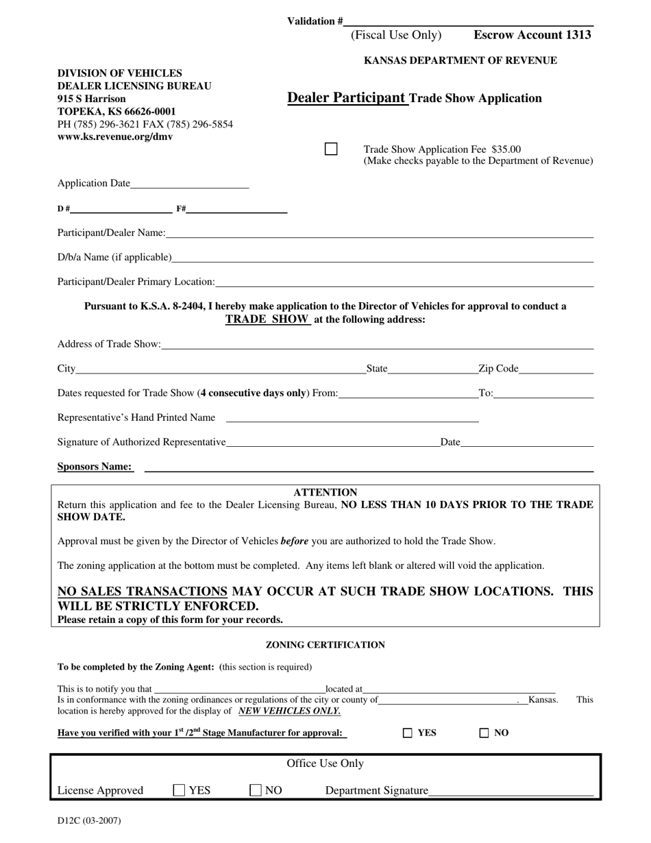 Form D-12C Trade Show Application - Dealer Participant - Kansas, Page 1