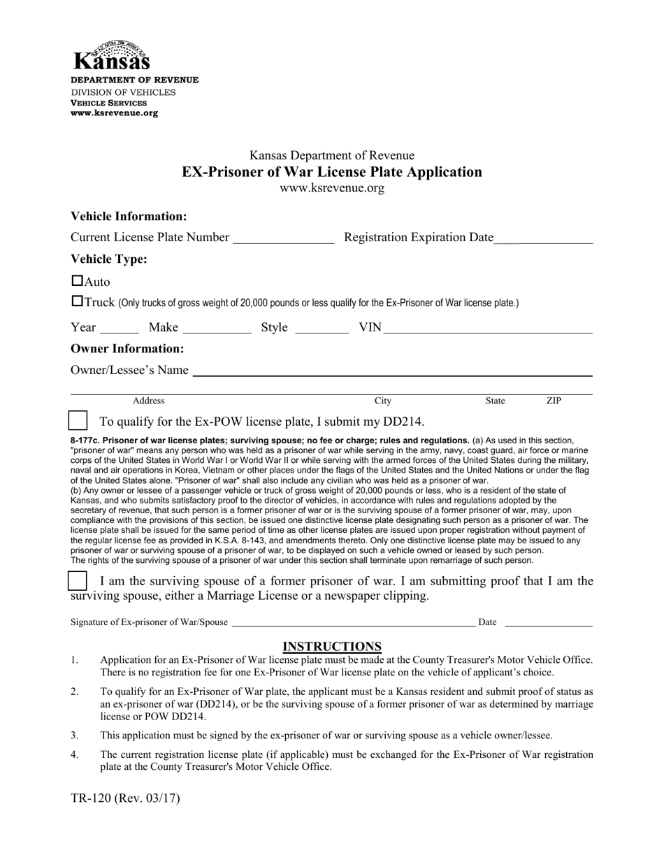 Form TR-120 Ex-prisoner of War License Plate Application - Kansas, Page 1