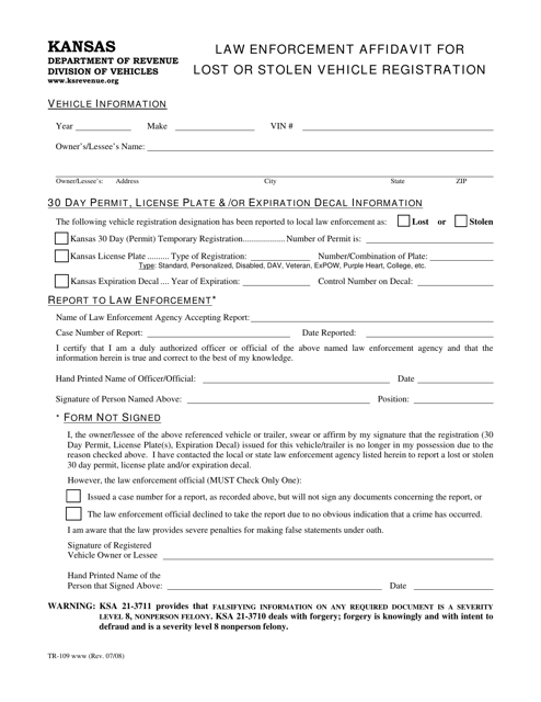 Form TR-109 Law Enforcement Affidavit for Lost or Stolen Vehicle Registration - Kansas