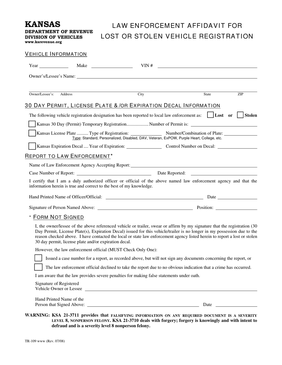 Form TR109 Fill Out, Sign Online and Download Fillable PDF, Kansas