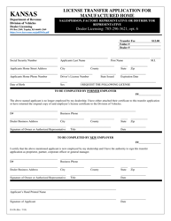 Document preview: Form D-43B License Transfer Application for Manufactured Home - Salesperson, Factory Representative or Distributor Representative - Kansas