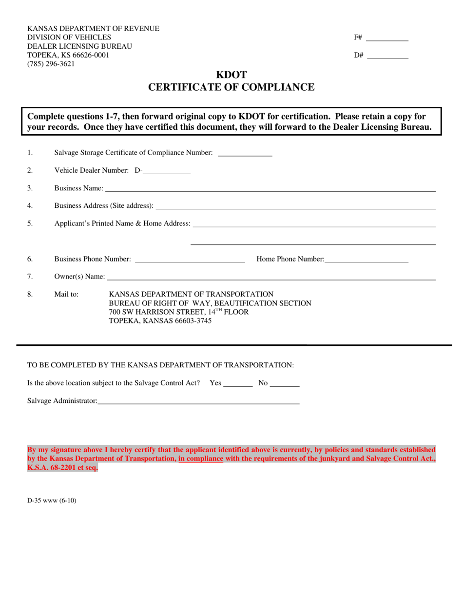 Form D-35 Kdot Certificate of Compliance - Kansas, Page 1