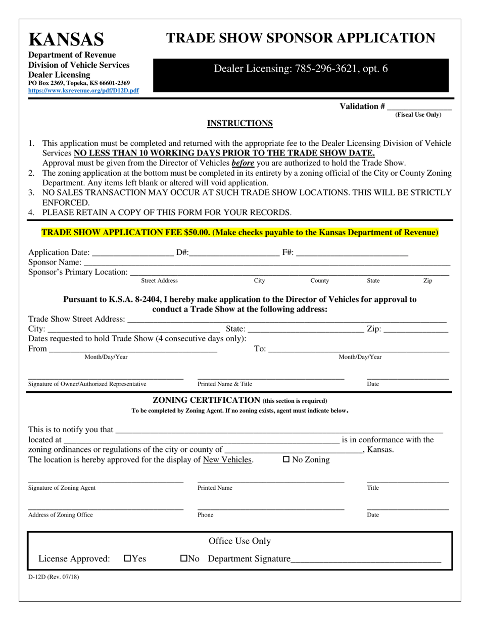 Form D-12D Trade Show Sponsor Application - Kansas, Page 1