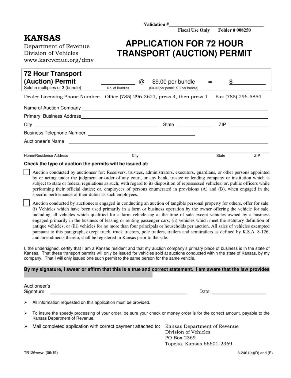 Form TR-126 Application for 72 Hour Transport (Auction) Permit - Kansas, Page 1