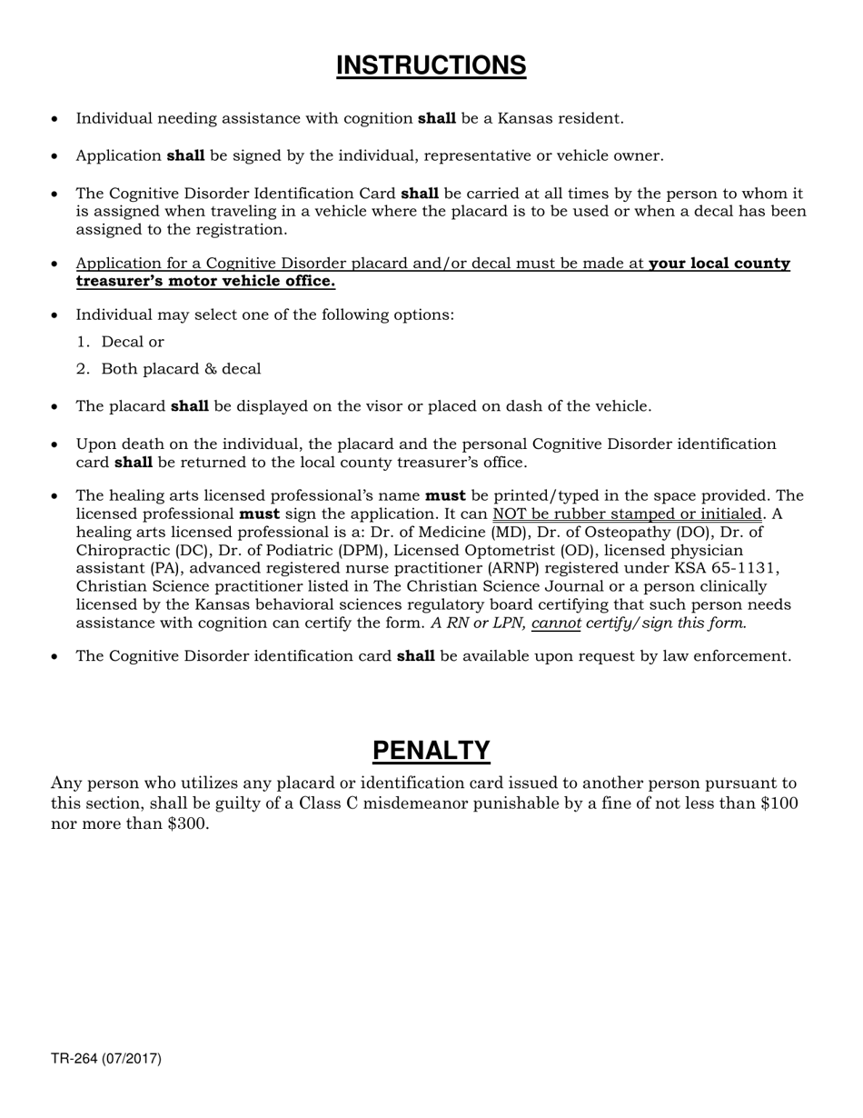 Form TR-264 Certification of Cognitive Disorder for Placard and / or Decal - Kansas, Page 2