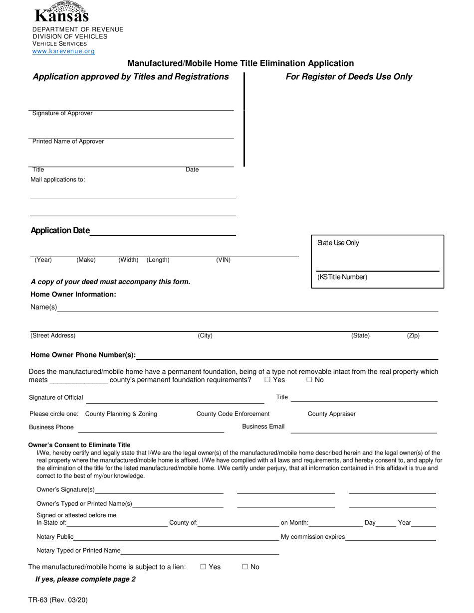 Form TR63 Fill Out, Sign Online and Download Fillable PDF, Kansas