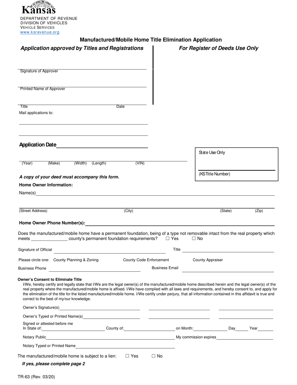 Form TR-63 Manufactured / Mobile Home Title Elimination Application - Kansas, Page 1