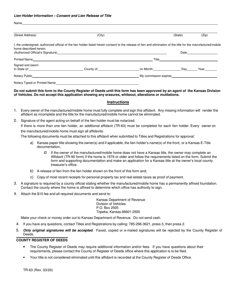 Form TR-63 - Fill Out, Sign Online and Download Fillable PDF, Kansas ...