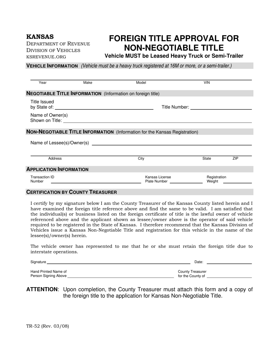 Form TR-52 Foreign Title Approval for Non-negotiable Title - Kansas, Page 1
