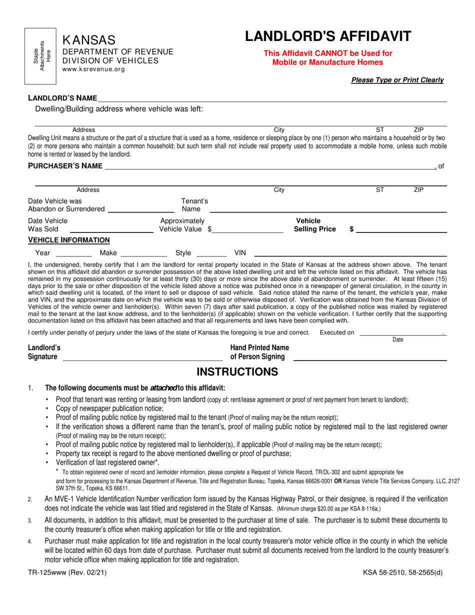 Form TR-125 Landlords Affidavit - Kansas, Page 1
