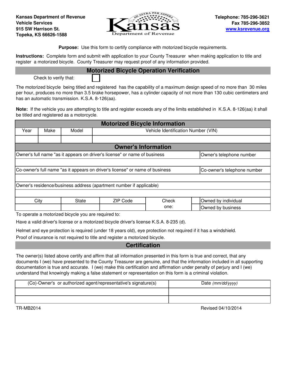 Form TR-MB2014 Motorized Bicycle Certification Form - Kansas, Page 1