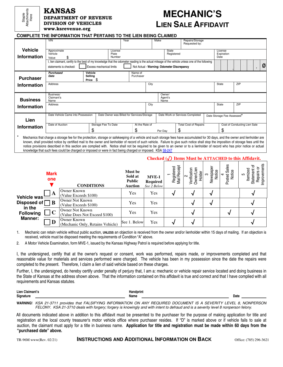Form TR-96M Mechanics Lien Sale Affidavit - Kansas, Page 1