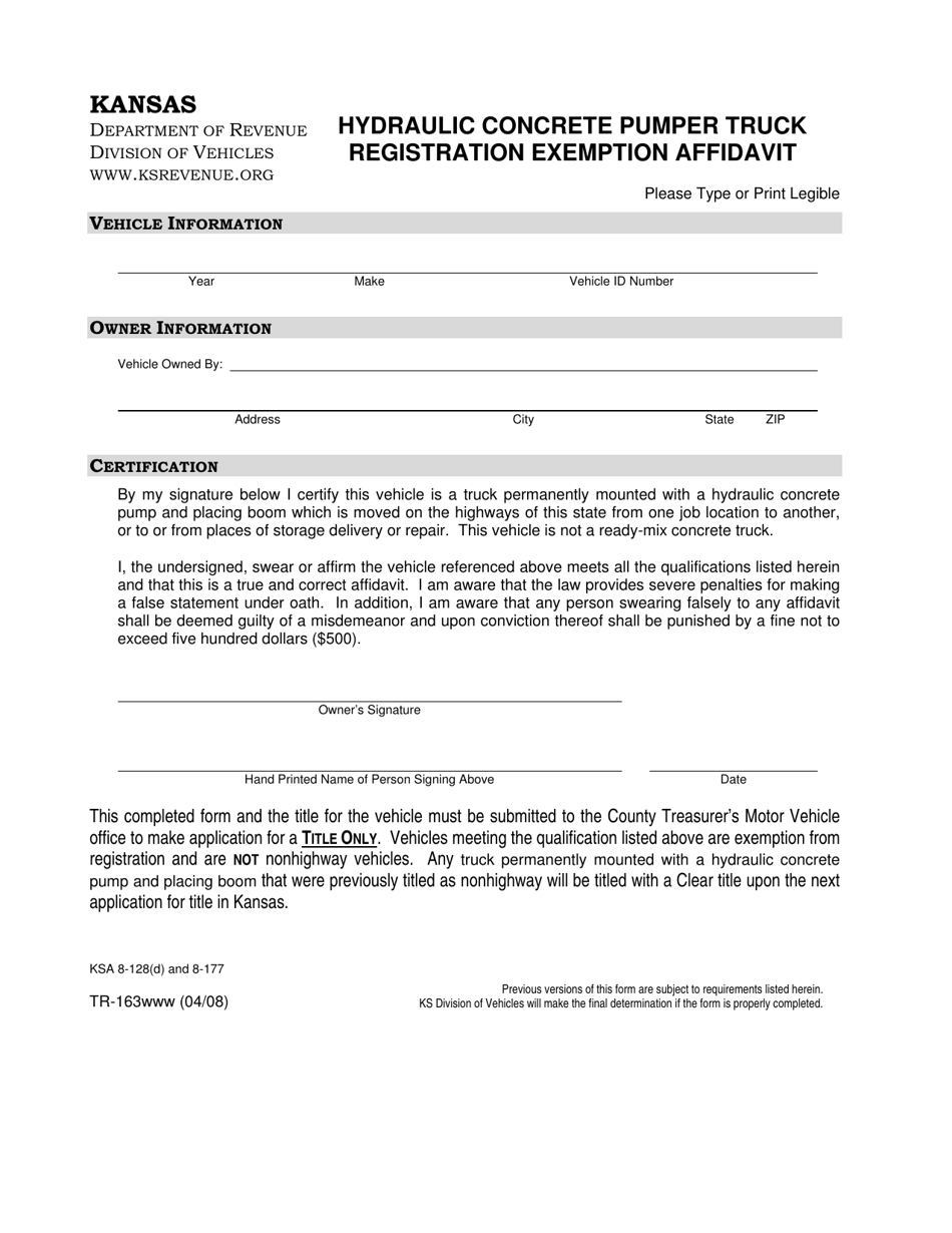 Form TR-163 Hydraulic Concrete Pumper Truck Registration Exemption Affidavit - Kansas, Page 1