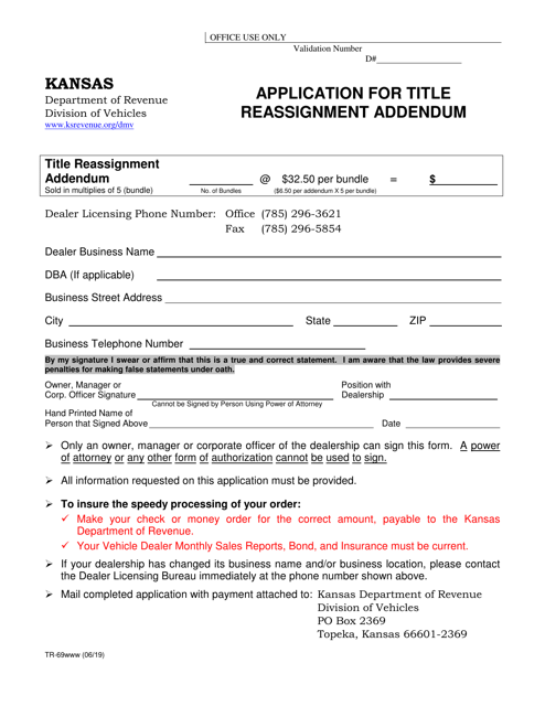 Form TR-69 Application for Title Reassignment Addendum - Kansas