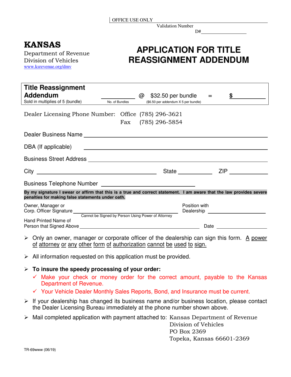 Form TR-69 Application for Title Reassignment Addendum - Kansas, Page 1
