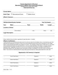 Document preview: Form TR-64 Manufactured or Mobile Home Ownership Affidavit - Kansas