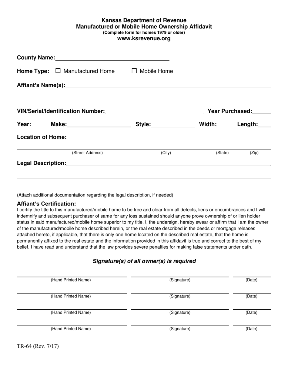 Form TR-64 Manufactured or Mobile Home Ownership Affidavit - Kansas, Page 1