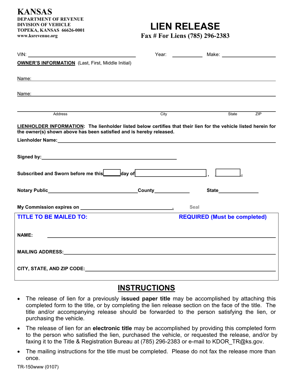 Form TR-150 Lien Release - Kansas, Page 1
