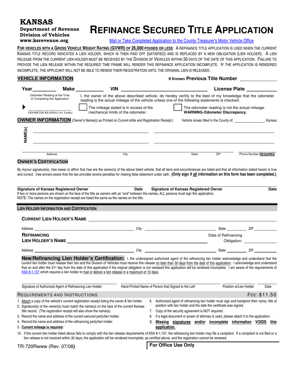 Form TR-720R Refinance Secured Title Application - Kansas, Page 1