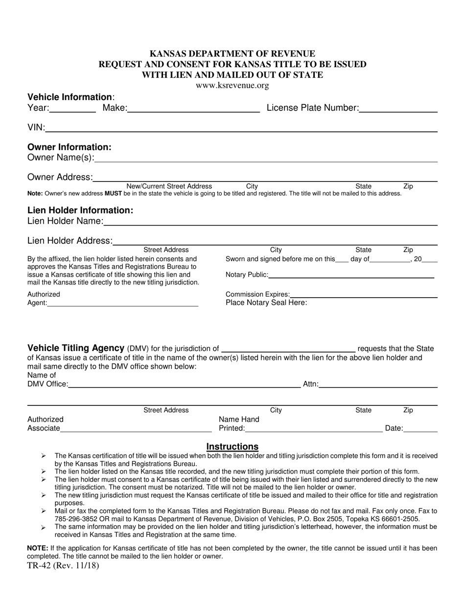 Form TR-42 Request and Consent for Kansas Title to Be Issued With Lien and Mailed out of State - Kansas, Page 1