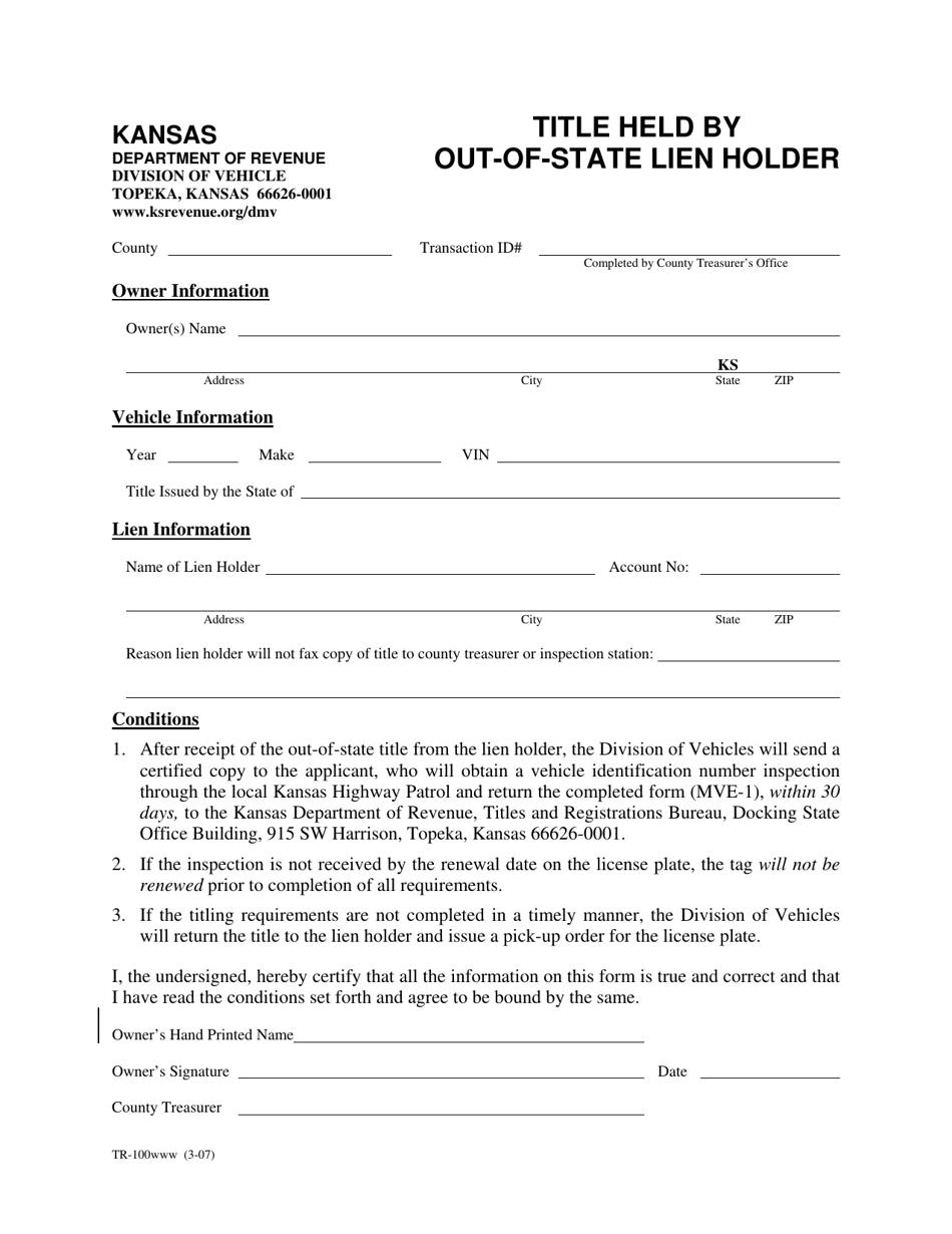Form TR-100 Title Held by Out-of-State Lien Holder - Kansas, Page 1