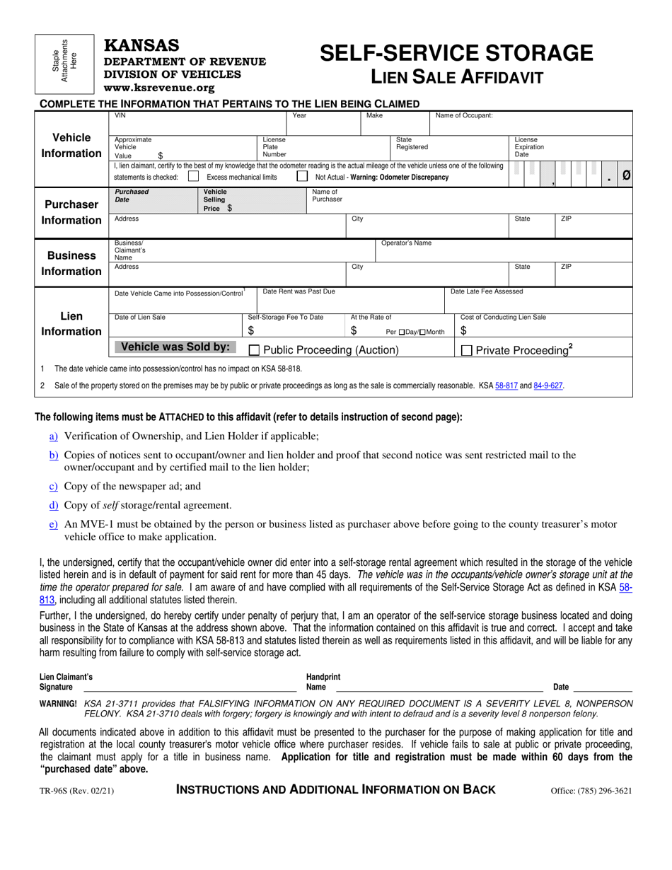 Form TR-96S Self-service Storage Lien Sale Affidavit - Kansas, Page 1