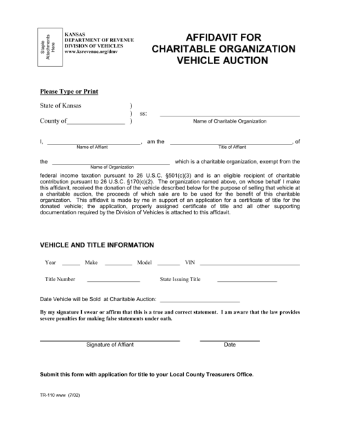 Form TR-110 Affidavit for Charitable Organization Vehicle Auction - Kansas