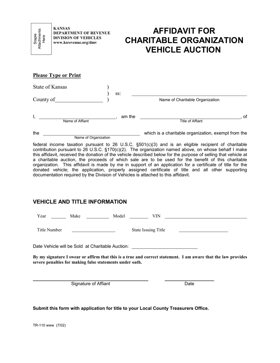 Form TR-110 Affidavit for Charitable Organization Vehicle Auction - Kansas, Page 1