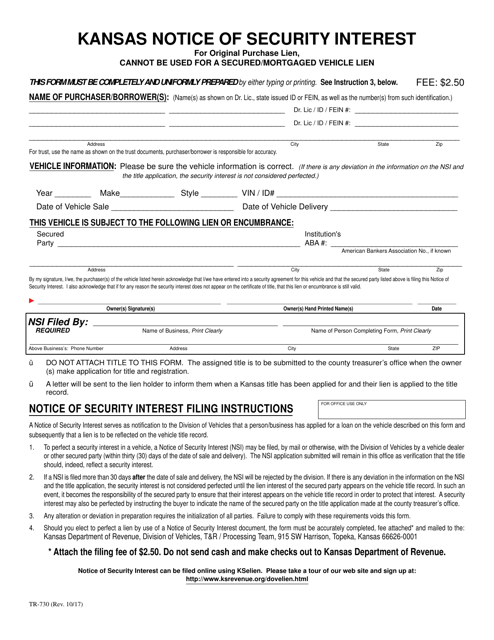 Form TR-730 Kansas Notice of Security Interest - Kansas