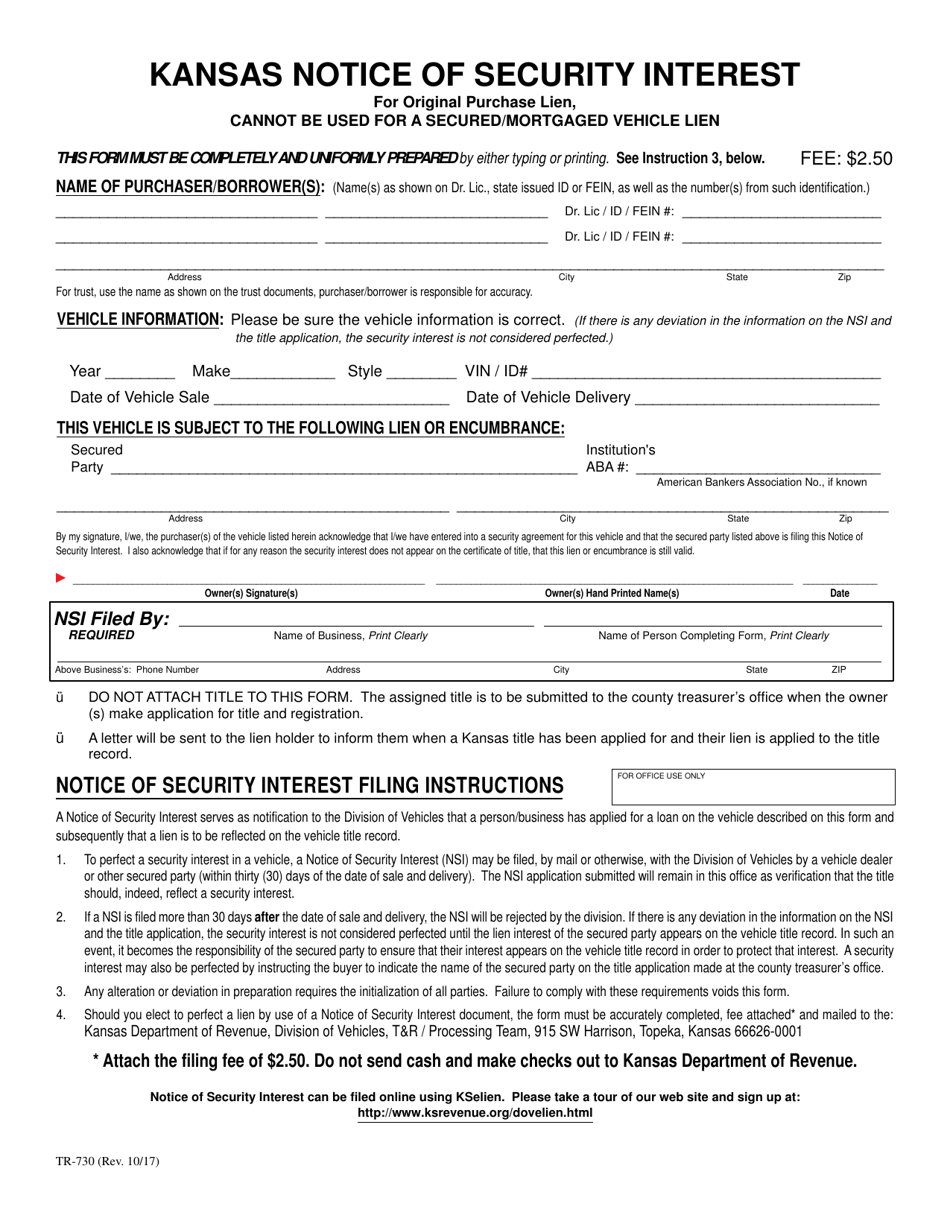 Form TR-730 Kansas Notice of Security Interest - Kansas, Page 1