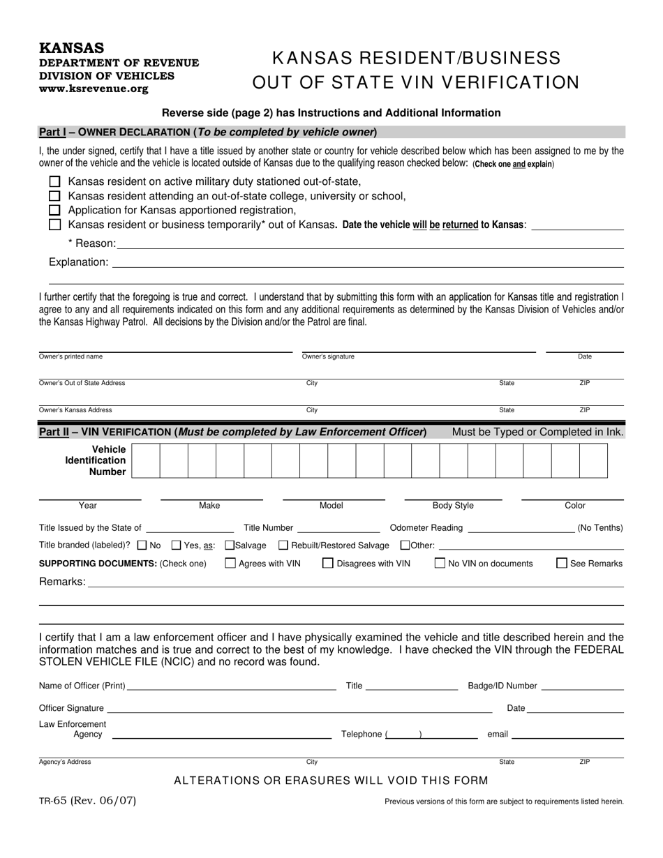 Form TR-65 Kansas Resident / Business out of State Vin Verification - Kansas, Page 1