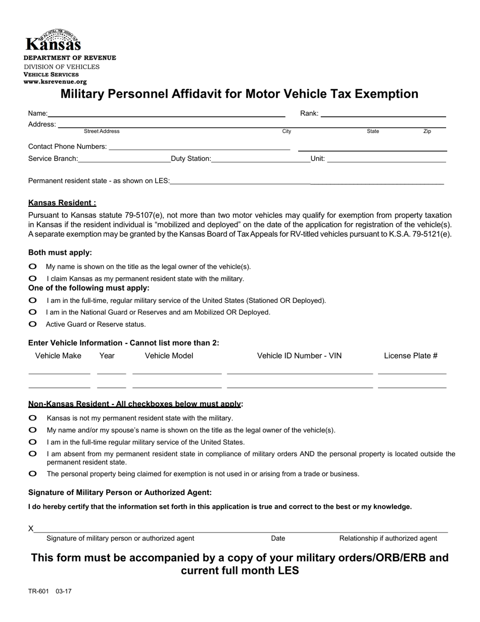 Form TR-601 Military Personnel Affidavit for Motor Vehicle Tax Exemption - Kansas, Page 1