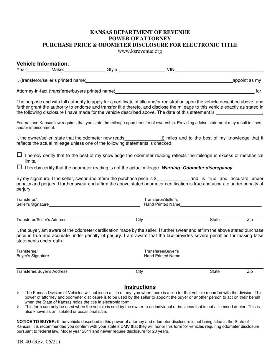 Form TR-40 Power of Attorney and Odometer Disclosure for Electronic Title - Kansas, Page 1