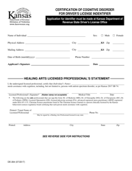 Form DE-264 Certification of Cognitive Disorder for Driver&#039;s License Identifier - Kansas
