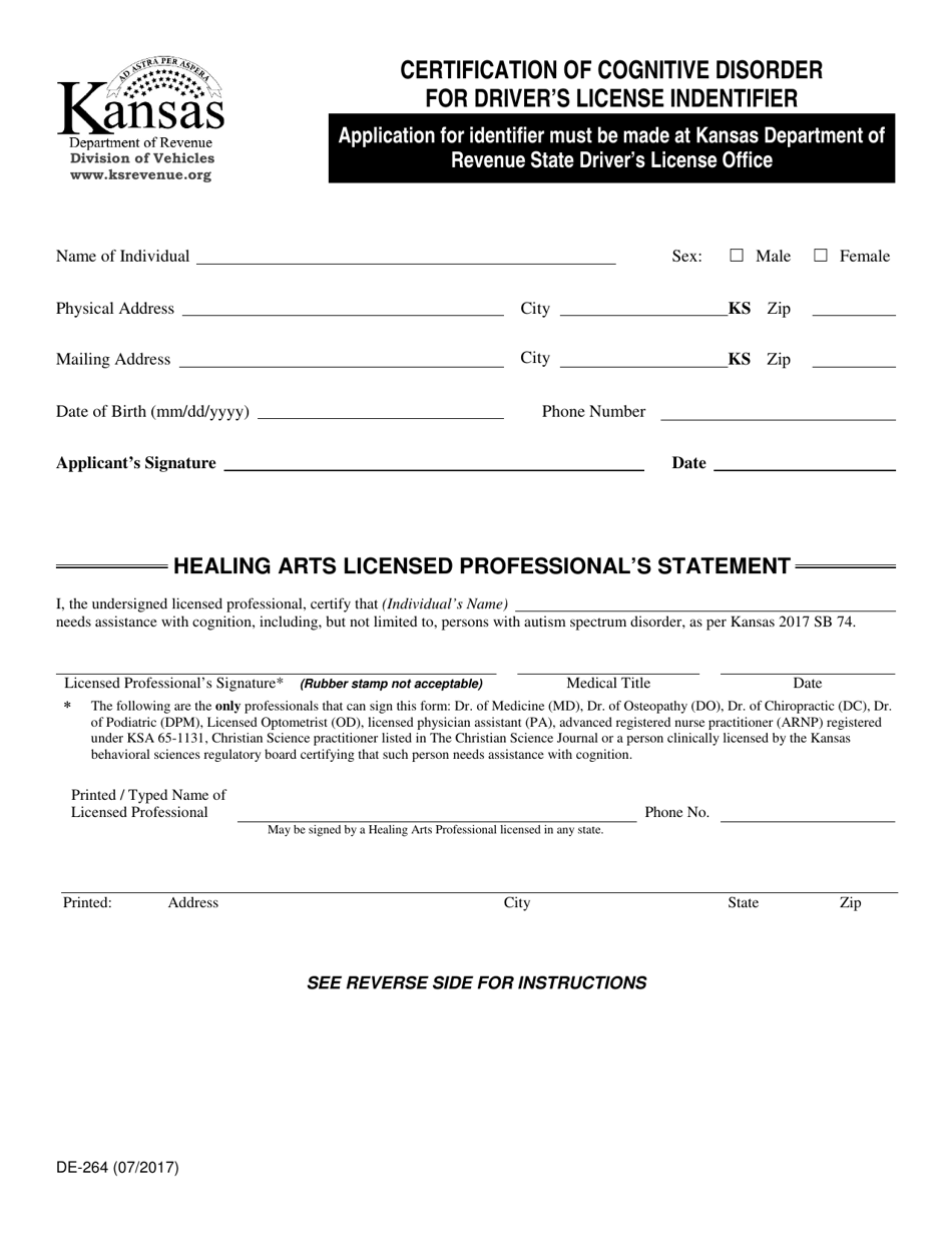 Form DE-264 Certification of Cognitive Disorder for Drivers License Identifier - Kansas, Page 1