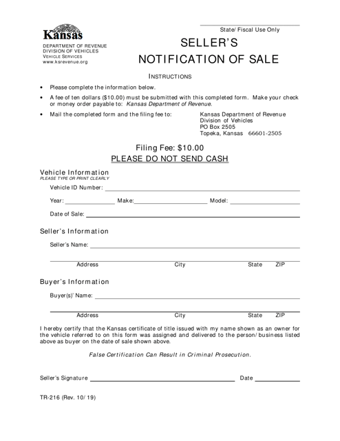 Form TR-216 Seller's Notification of Sale - Kansas