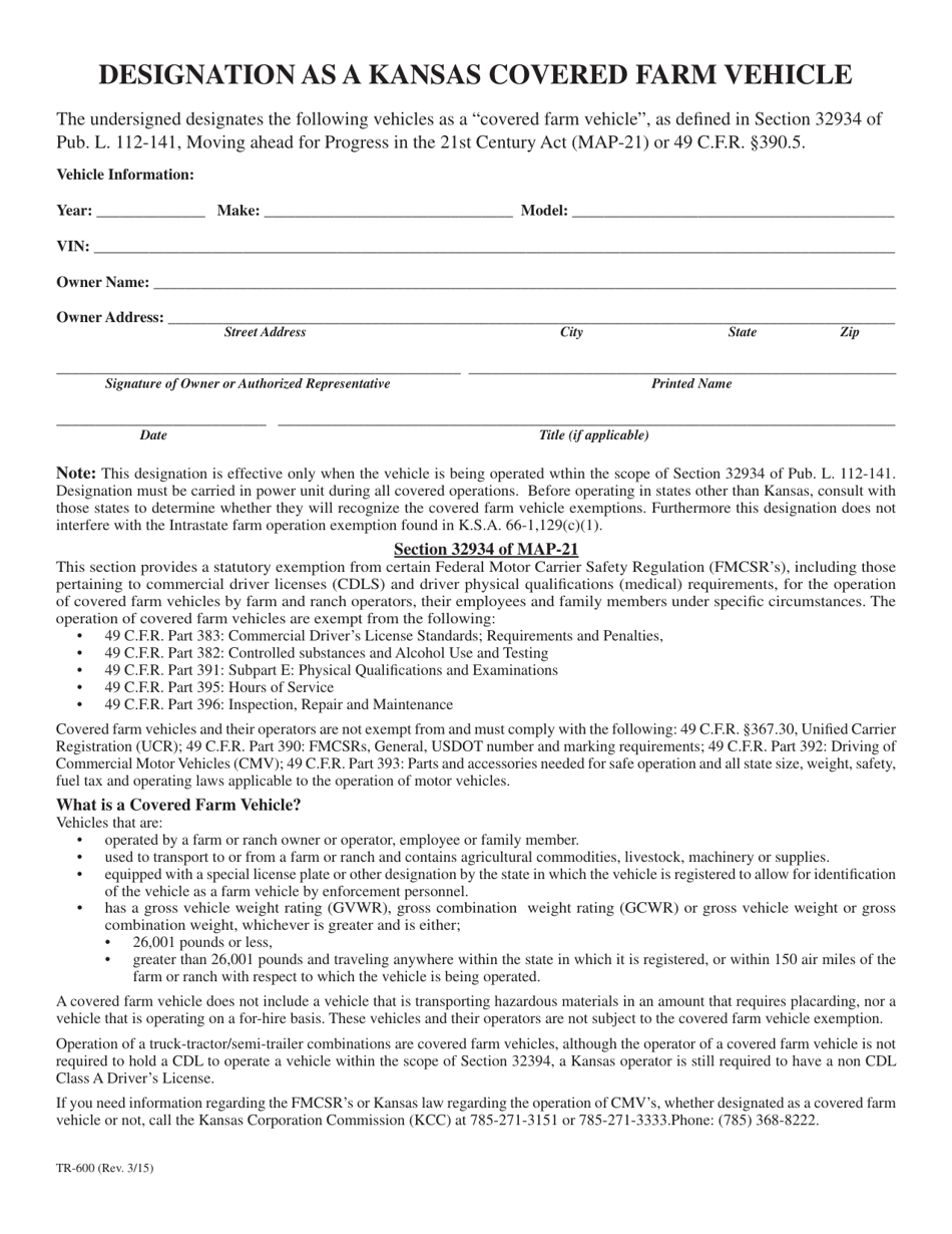 Form TR-600 Designation for a Kansas Covered Farm Vehicle - Kansas, Page 1