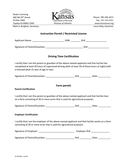 Form DE-98  Printable Pdf