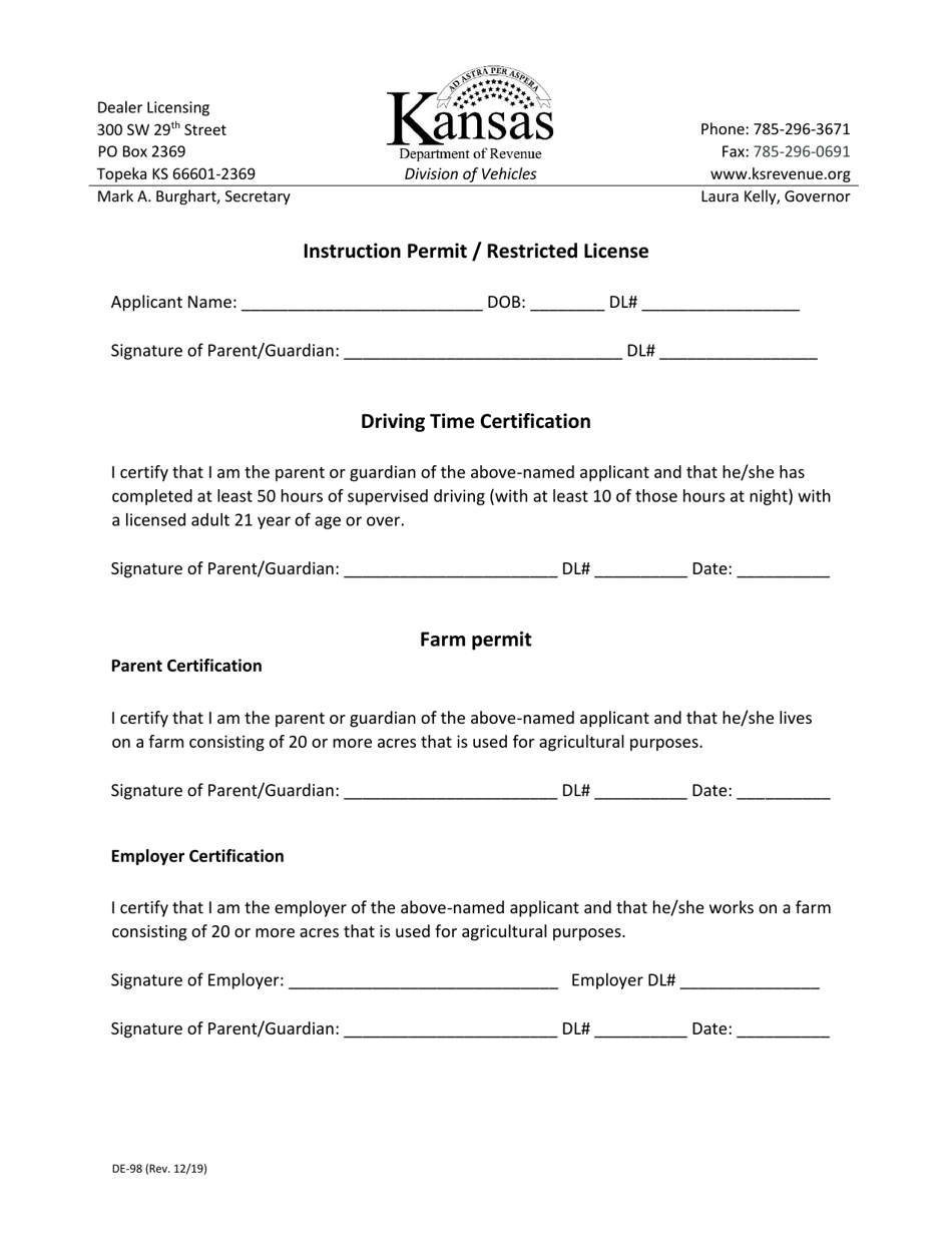 Form DE-98 Farm Permit - Kansas, Page 1