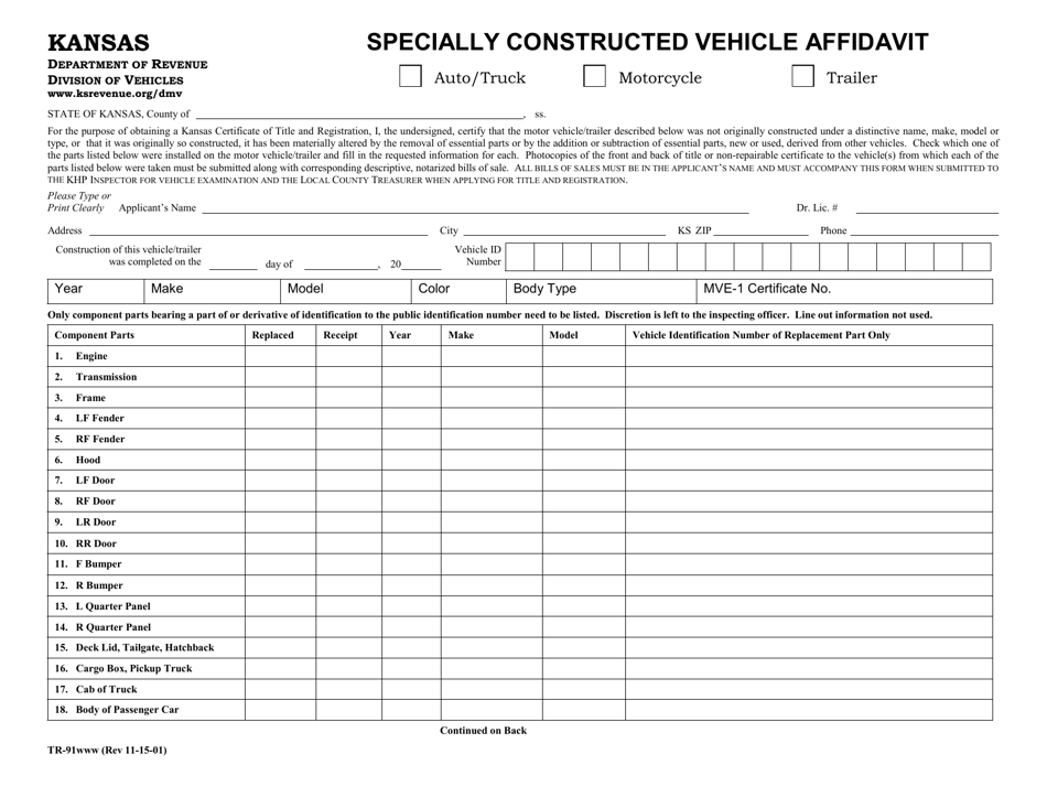 Form TR-91 Specially Constructed Vehicle Affidavit - Kansas, Page 1
