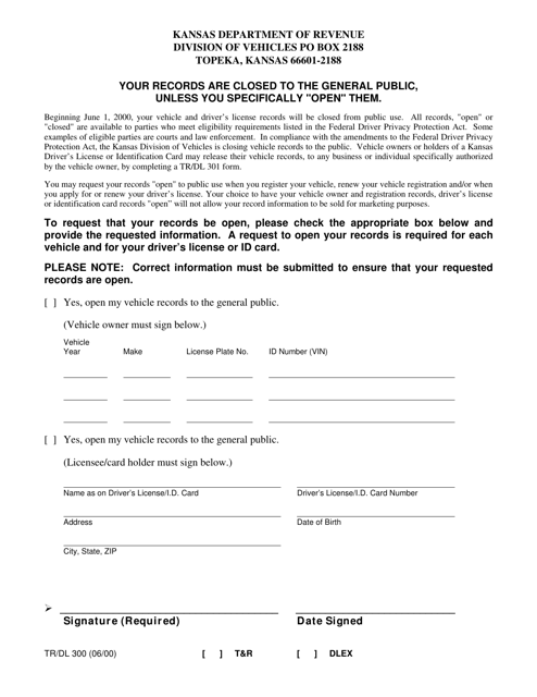 Form TRDL-300 Vehicle Records Opt-In Form - Kansas