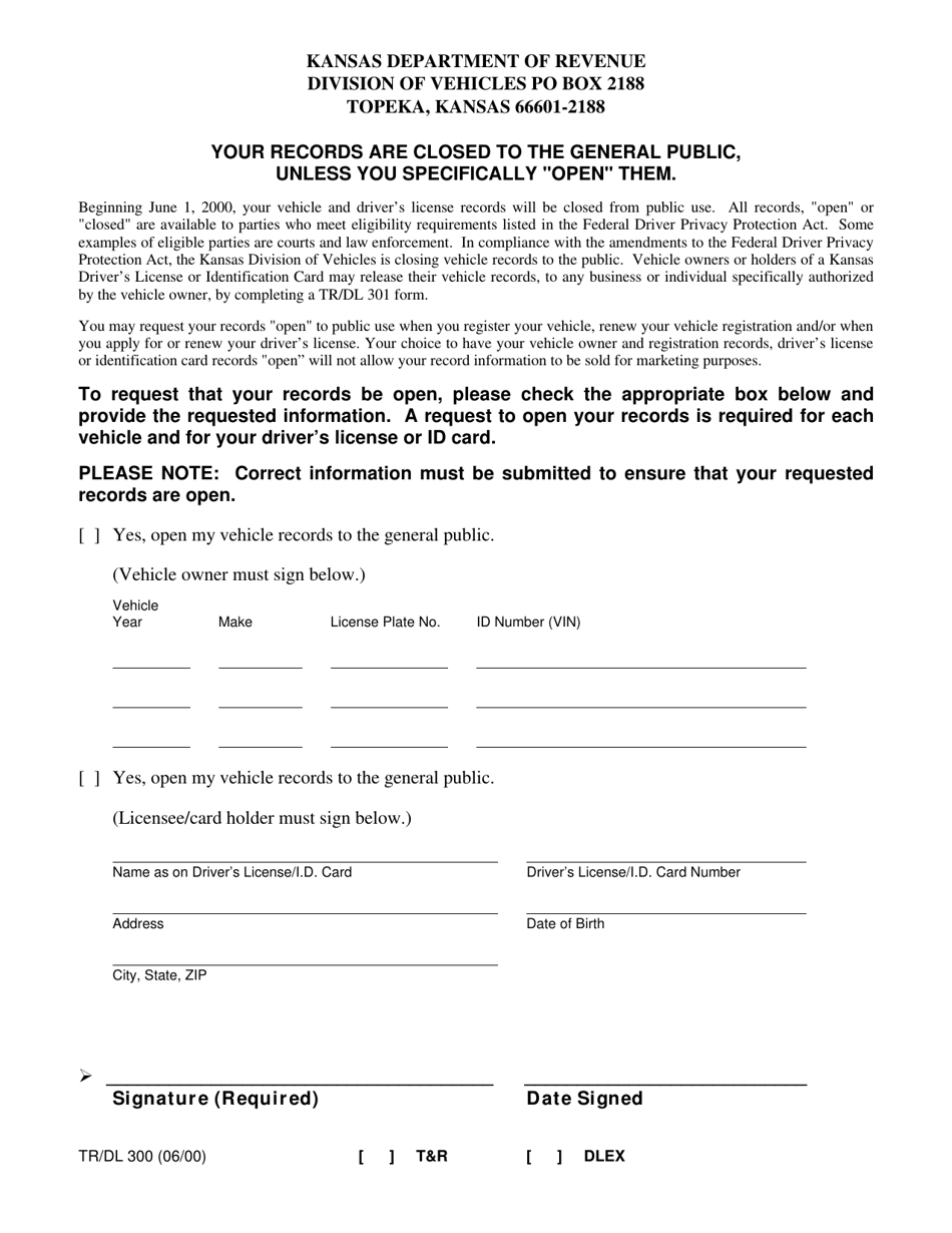 Form TRDL-300 Vehicle Records Opt-In Form - Kansas, Page 1