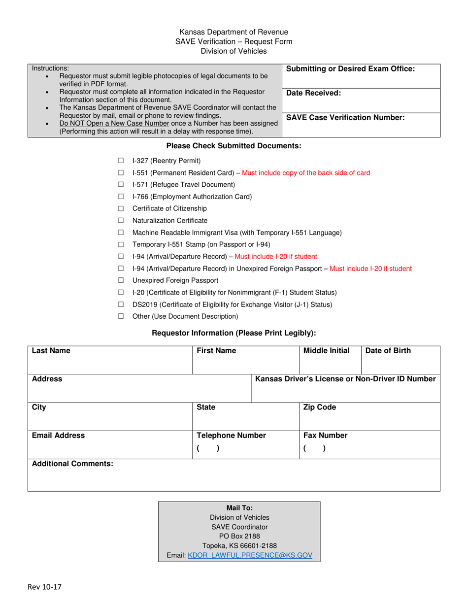 Save Verification - Request Form - Kansas, Page 1